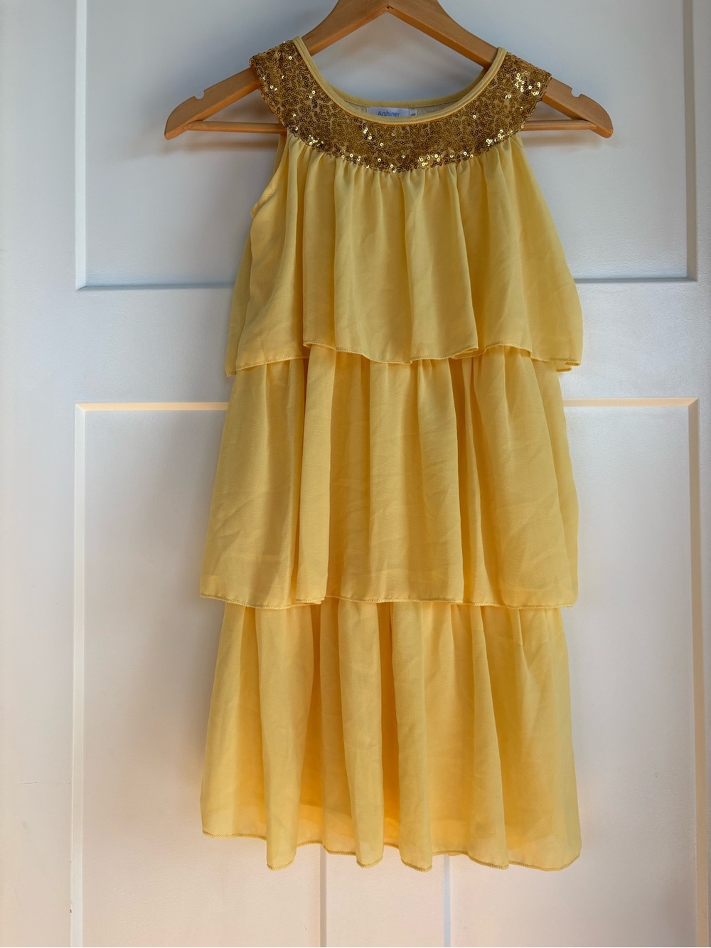 Girls Flowy Yellow Tiered with Sequin Neck Dress Size:130, 7/8 by Arshiner